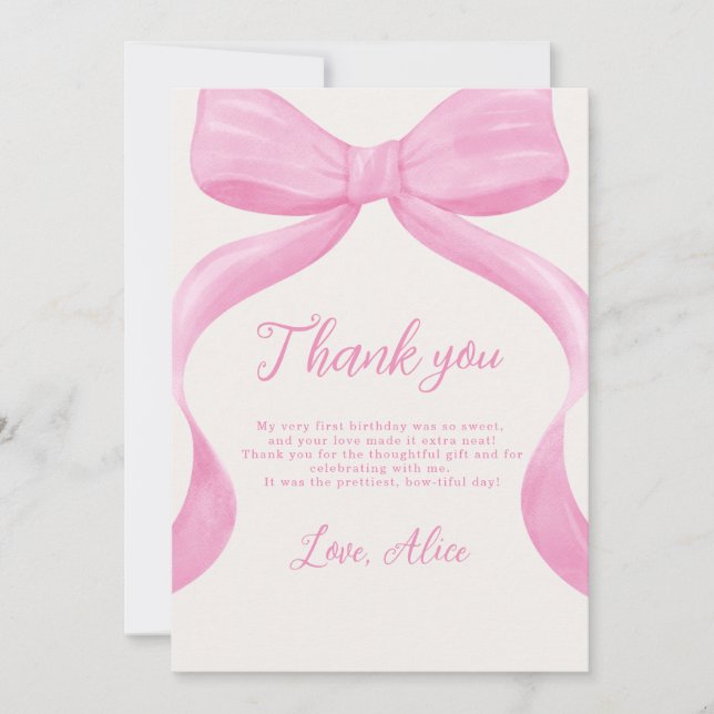 Cartão De Agradecimento Pink Bow First Birthday Thank You Card (Frente)
