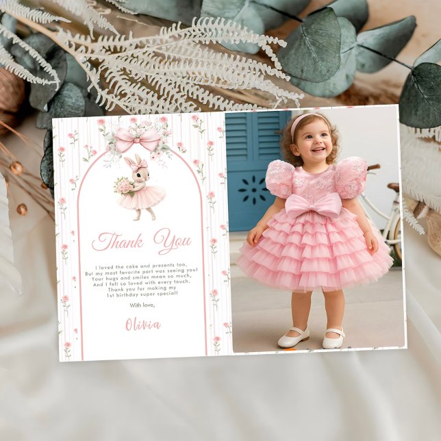 Cartão De Agradecimento Pink Bow & Floral Some Bunny is One 1st Birthday (Criador carregado)