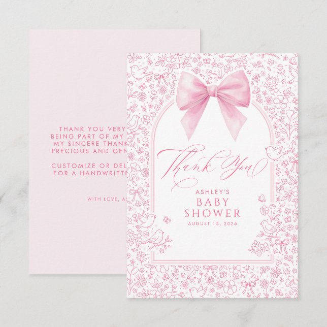Cartão De Agradecimento Pink Bow French Floral Chinoiserie Baby Shower (Frente/Verso)