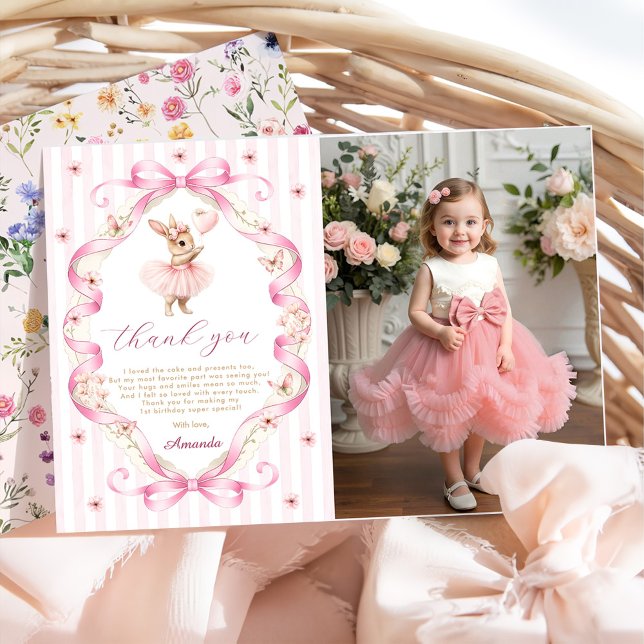 Cartão De Agradecimento Pink Bow Gingham Bunny 1st Birthday (Criador carregado)