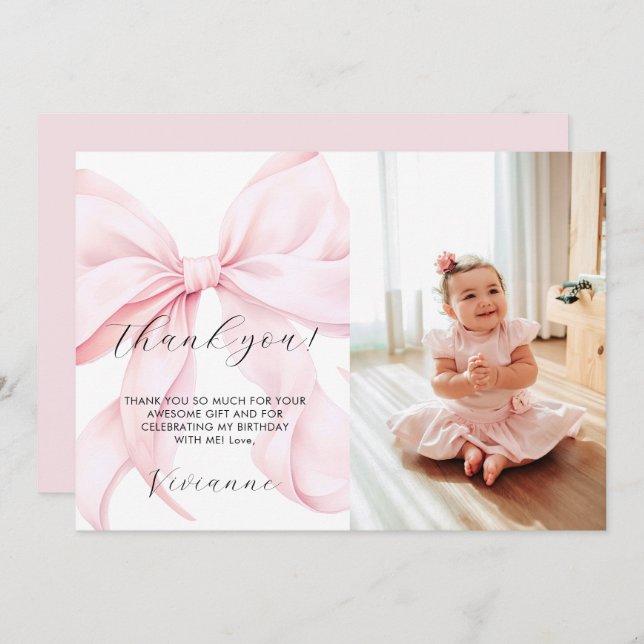 Cartão De Agradecimento Pink Bow Girl First Birthday Flat Thank You Card (Frente/Verso)