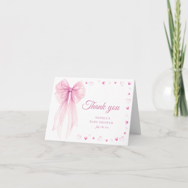 Cartão De Agradecimento Pink Bow & Hearts Thank You Card (Frente)