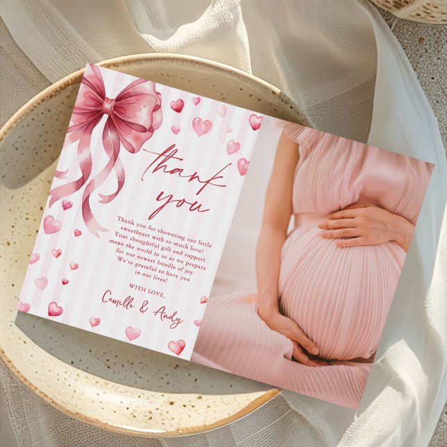 Cartão De Agradecimento Pink Bow Hearts Valentines Baby Shower Photo (Criador carregado)