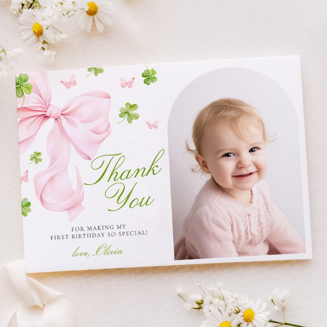 Cartão De Agradecimento Pink Bow Lucky One Birthday Flat Thank You Card (Criador carregado)