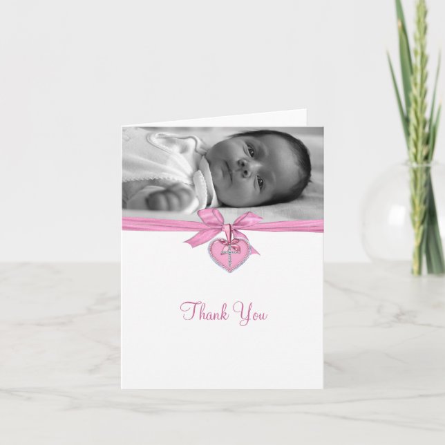 Cartão De Agradecimento Pink Bow Photo Christening Thank You Cards (Frente)