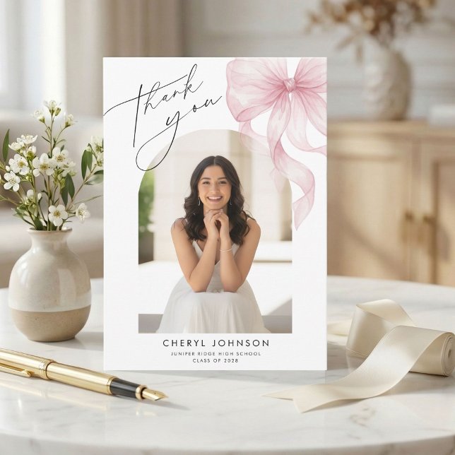 Cartão De Agradecimento Pink Bow Photo Graduation Thank You Card (Criador carregado)