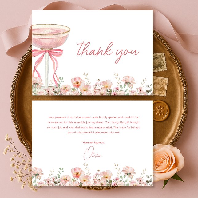 Cartão De Agradecimento Pink Bow Wildflowers Blush Bridal Shower (Criador carregado)