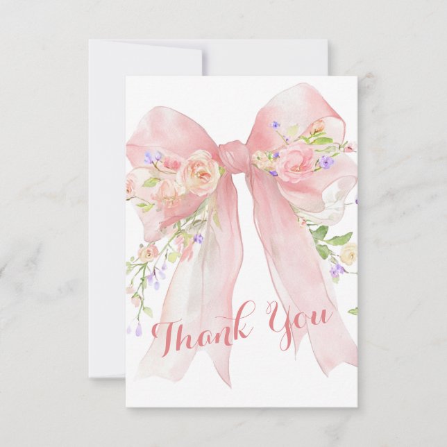 Cartão De Agradecimento Pink Bow Wildflowers Thank You (Frente)