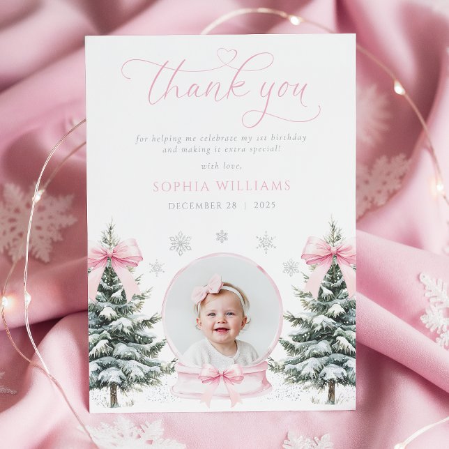 Cartão De Agradecimento Pink Bow Winter Onederland First Birthday (Criador carregado)
