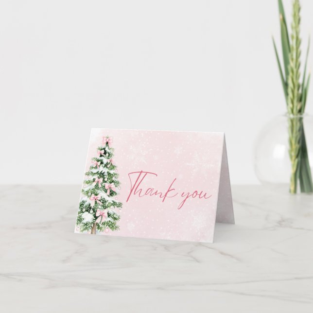 Cartão De Agradecimento Pink Bows Christmas Tree Winter Thank you card (Frente)