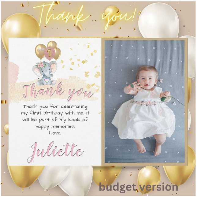 Cartão De Agradecimento Pink BUDGET Elephant Photo First Birthday Girl (Criador carregado)