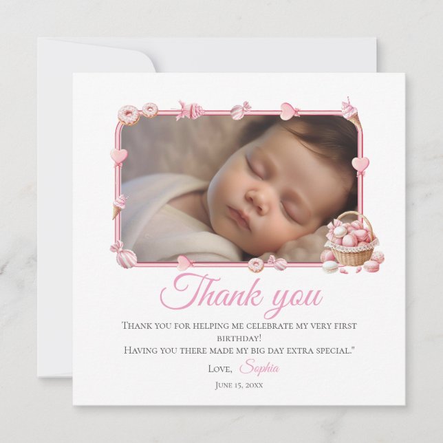 Cartão De Agradecimento Pink Candyland 1st Birthday Thank You Card (Frente)