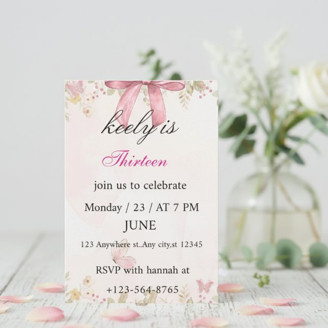 Cartão De Agradecimento Pink Coquette Bow Birthday Invitation (Criador carregado)