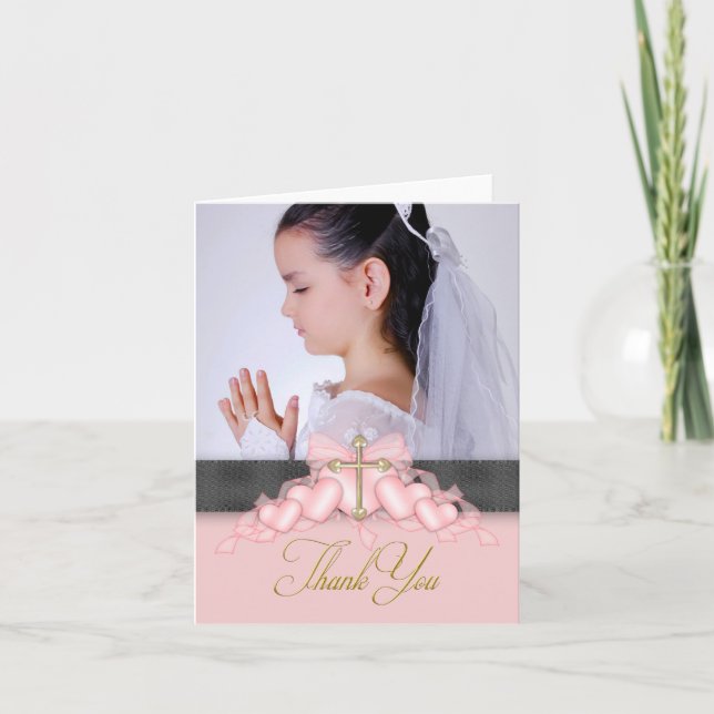 Cartão De Agradecimento Pink Cross Photo First Communion Thank You Cards (Frente)