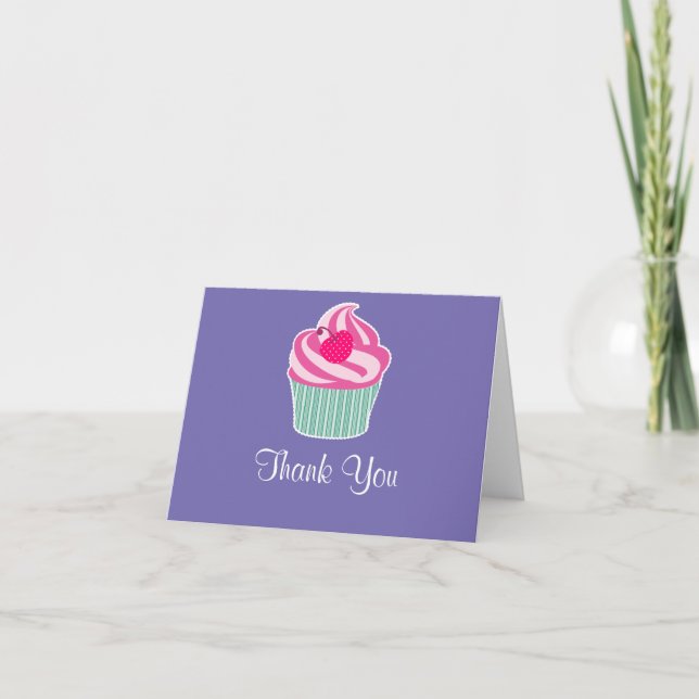 Cartão De Agradecimento Pink Cupcake WIth Polka Dot Cherry Thank You (Frente)