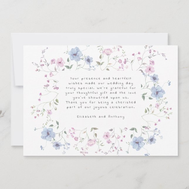 Cartão De Agradecimento Pink & Dusty Blue Watercolor Botanical Wedding  (Verso)