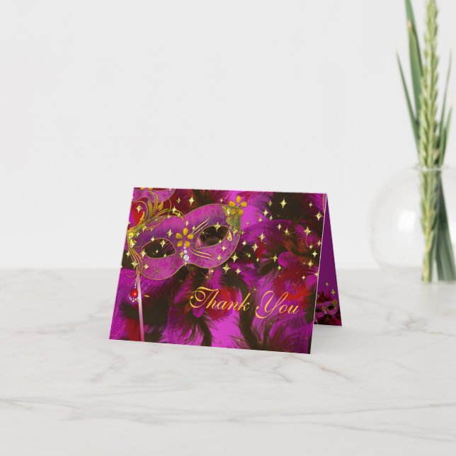 Cartão De Agradecimento Pink Feather Mask Masquerade Party Thank You Card (Frente)