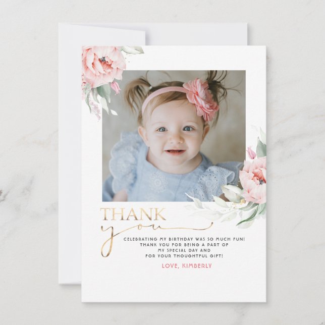 Cartão De Agradecimento Pink Floral Birthday Obrigado Cartão-Postal Fotogr (Frente)
