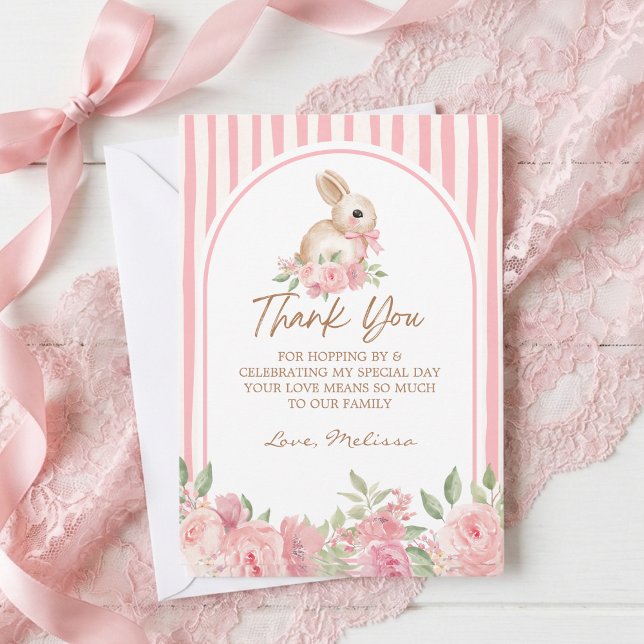 Cartão De Agradecimento Pink Floral Bunny Bow Birthday Thank You  (Criador carregado)