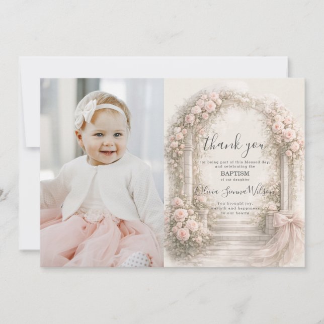 Cartão De Agradecimento Pink Floral Garden Bow Baptism Christening Photo (Frente)