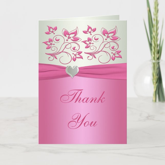 Cartão De Agradecimento Pink Floral on Pale Green Thank You Card (Frente)