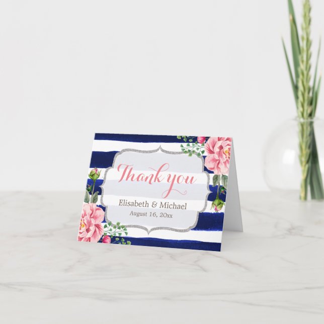 Cartão De Agradecimento Pink Floral Silver Navy Blue Stripes Thank You (Frente)