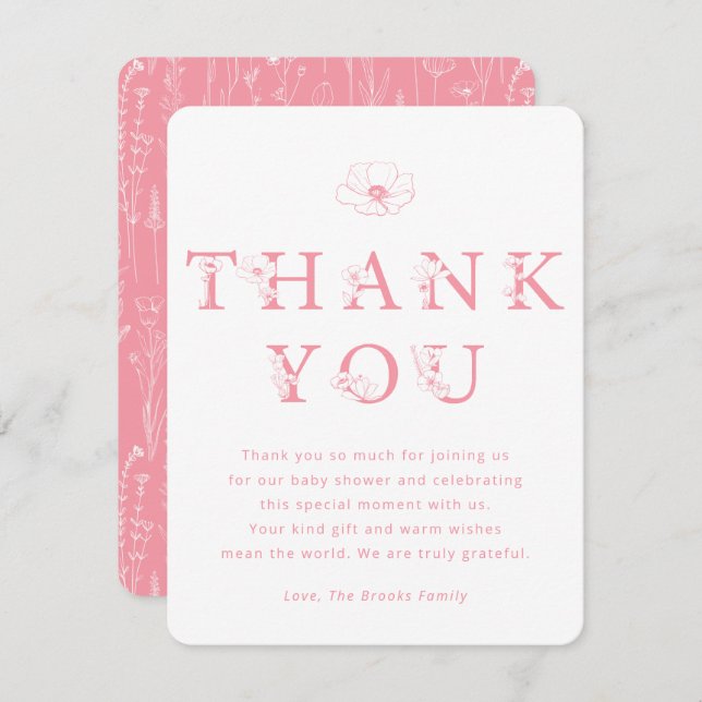 Cartão De Agradecimento Pink Floral Thank You Card | Baby Shower (Frente/Verso)