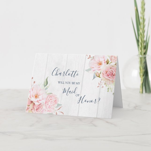 Cartão De Agradecimento Pink Floral Wedding Maid of Honor Proposal Card (Frente)