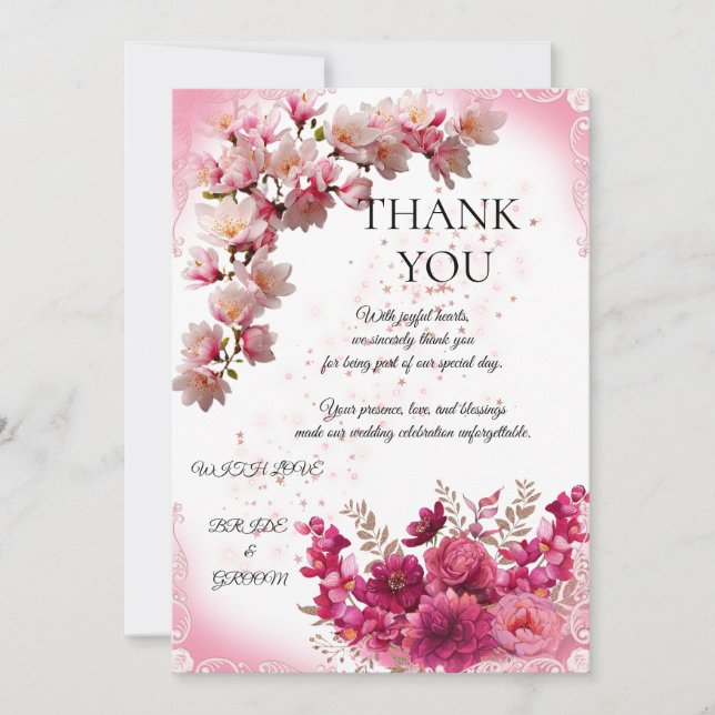 Cartão De Agradecimento Pink Floral Wedding Thank You Card on White (Frente)
