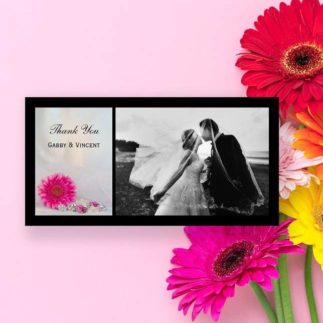 Cartão De Agradecimento Pink Gerbera Daisy e Buttons Casamento Obrigado (Criador carregado)