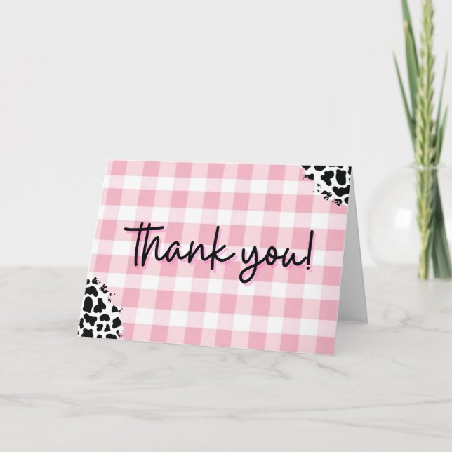 Cartão De Agradecimento Pink Gingham Cow Print Thank You Card for Birthday (Frente)