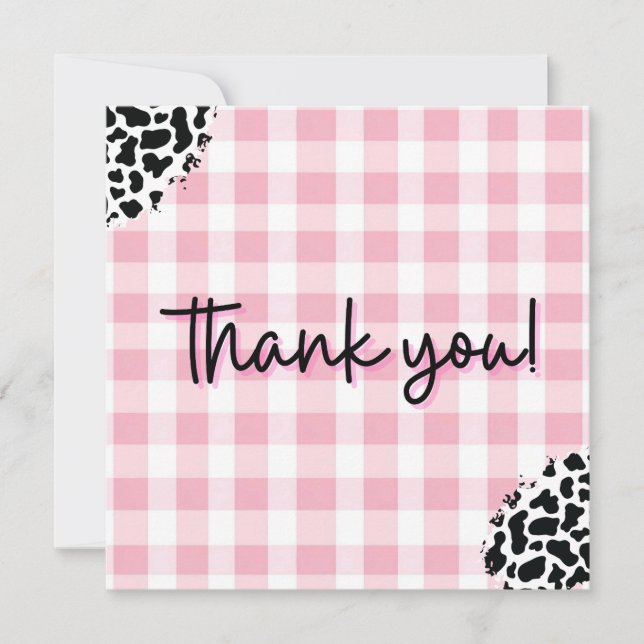 Cartão De Agradecimento Pink Gingham Cow Print Thank You Card for Birthday (Frente)