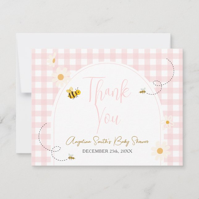 Cartão De Agradecimento Pink Gingham Daisies Bee Baby Shower Thank You (Frente)