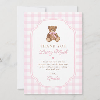 Cartão De Agradecimento Pink Gingham Teddy Bear Beary First Birthday