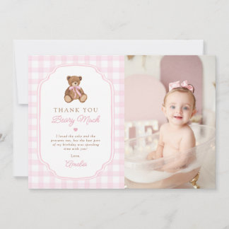 Cartão De Agradecimento Pink Gingham Teddy Bear Beary First Birthday Photo