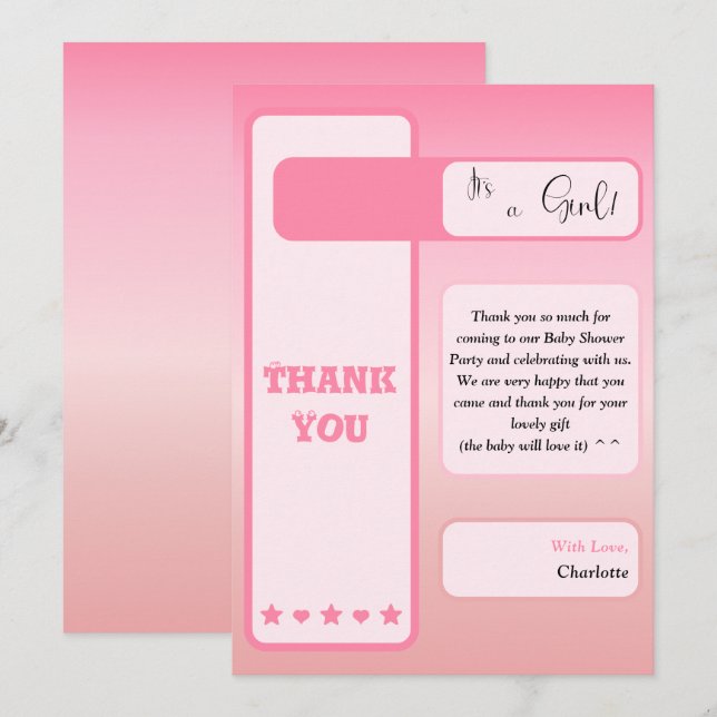 Cartão De Agradecimento Pink Gradient Cute Eyeball Text Baby Shower (Frente/Verso)