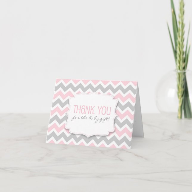 Cartão De Agradecimento Pink Gray Chevron Baby Shower thank you notes (Frente)