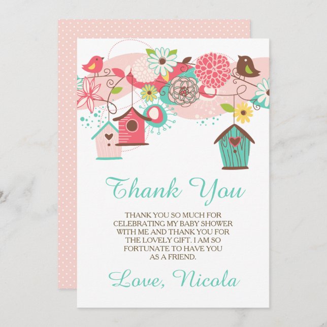 Cartão De Agradecimento Pink & Green Floral Baby Shower Thank You Card (Frente/Verso)