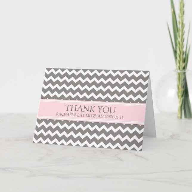 Cartão De Agradecimento Pink Grey Chevron Bat Mitzvah Thank You Card (Frente)