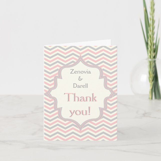 Cartão De Agradecimento Pink, grey chevron zigzag wedding Thank You photo (Frente)