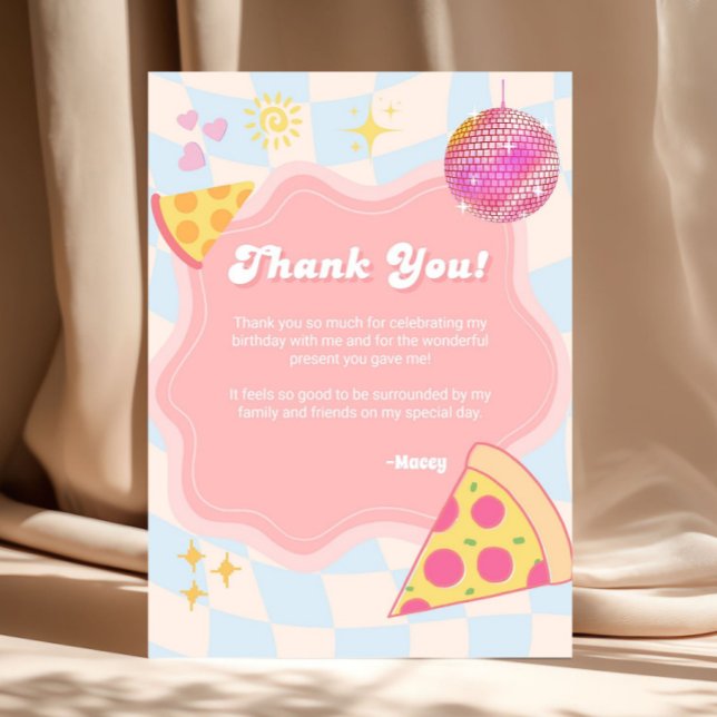 Cartão De Agradecimento Pink Groovy Pizza Party Thank You Card (pizza birthday thank you card, pizza party thank you card, retro birthday thank you card, groovy bir)