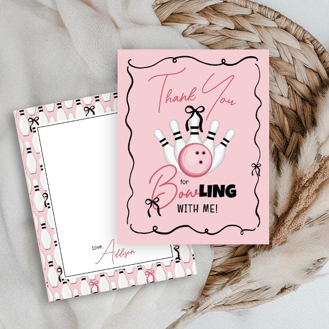 Cartão De Agradecimento Pink Hand Drawn BOWling Bows Girl Birthday Party (Cute funny pink and black coquette bows BOWling theme hand drawn custom girl birthday thank you card)