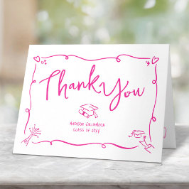 Cartão De Agradecimento Pink Hand Drawn Doodle Style Graduation White Fun
