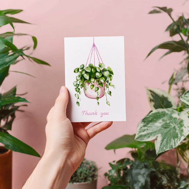 Cartão De Agradecimento Pink Hanging Basket Greenery Watercolor Obrigado (Hanging house plant, pink and green thank you card)