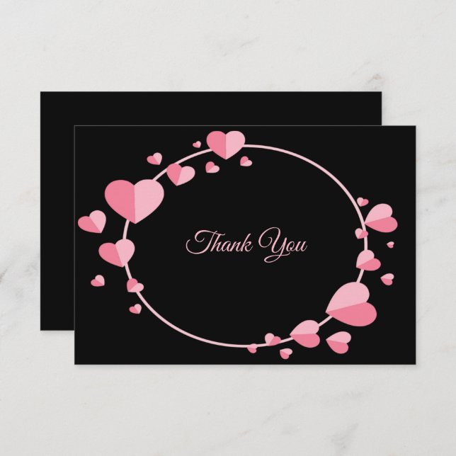 Cartão De Agradecimento Pink Heart Pattern Black Geometric Wedding (Frente/Verso)