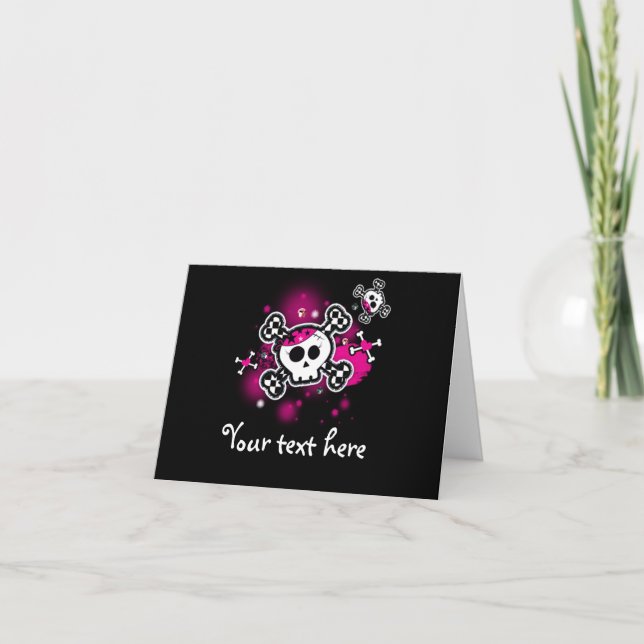 Cartão De Agradecimento Pink Hearts Skull & Crossbones Fold Thank You Card (Frente)