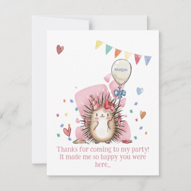 Cartão De Agradecimento Pink Hedgehog Children's Birthday Thank You (Frente)