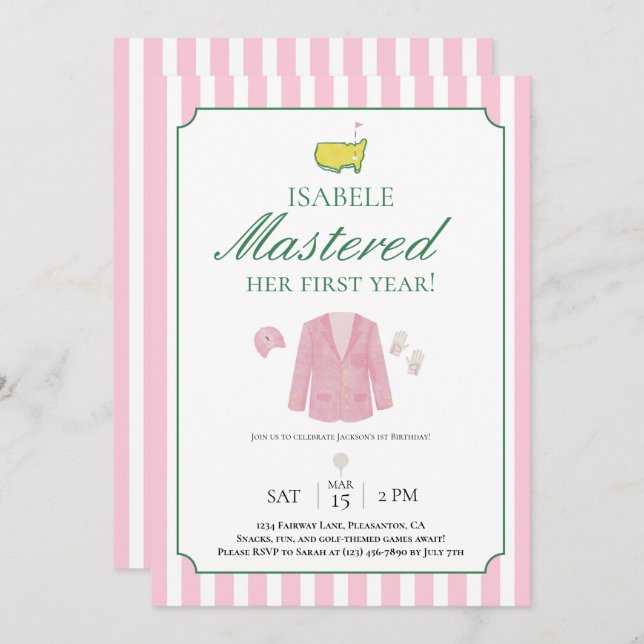 Cartão De Agradecimento Pink Jacket Golf First Birthday Invitation (Frente/Verso)