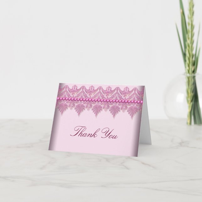Cartão De Agradecimento Pink Lace Pearls Pink Thank You Cards (Frente)