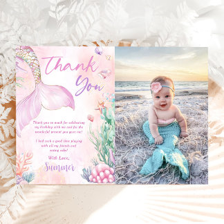 Cartão De Agradecimento Pink Mermaid 1st Birthday Oneder The Sea Photo